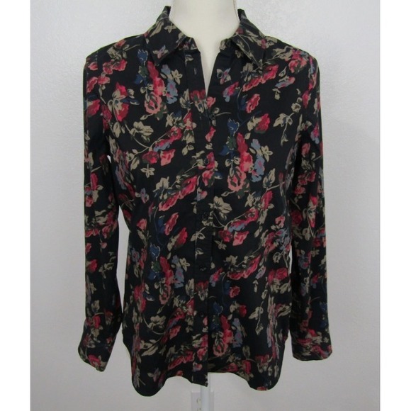 Chaps Tops - Chaps Shirt Top Blouse Button-Up Collared Neck Women's Black Red Floral Medium